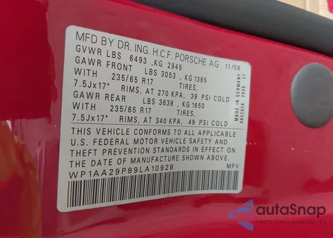 2009 Porsche Cayenne из США, поврежденный, VIN WP1AA29P89LA10928